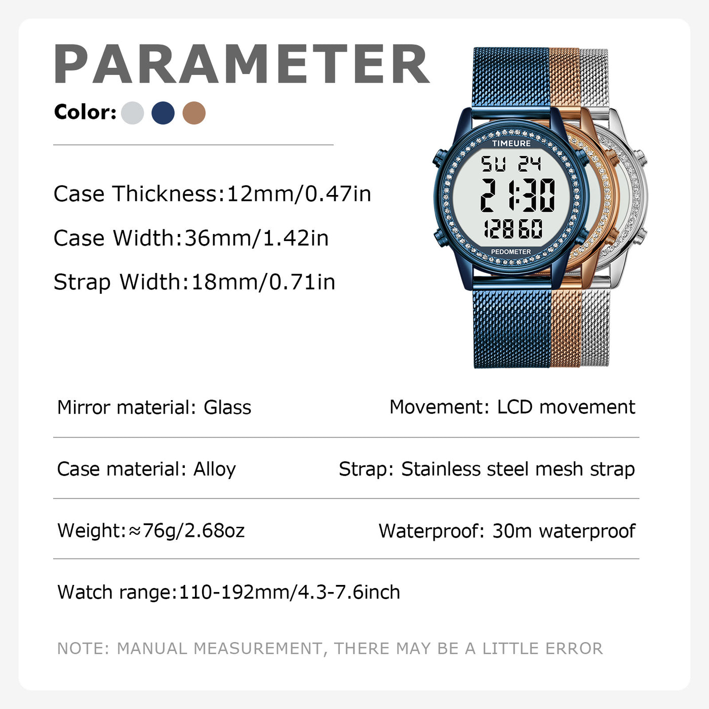 TIMEURE Ladies' Waterproof Pedometer Watch 2401-Steel Tape Crystals