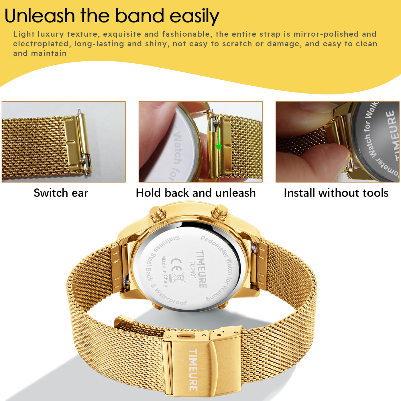 TIMEURE Ladies' Waterproof Pedometer Watch 2401-Steel Tape