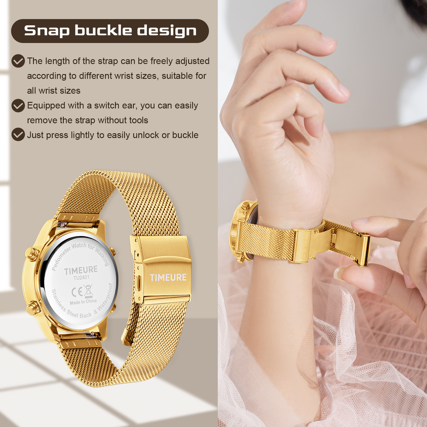 TIMEURE Ladies' Waterproof Pedometer Watch 2401-Steel Tape