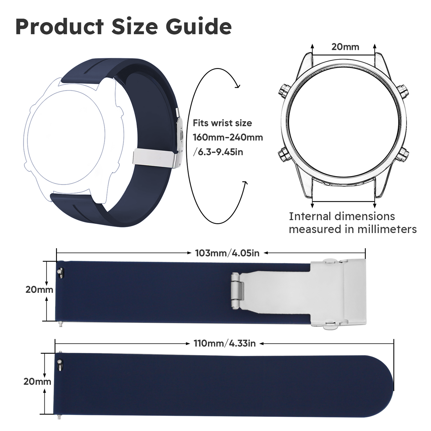 Silicone Watch Strap with Adjustable Buckle 20mm