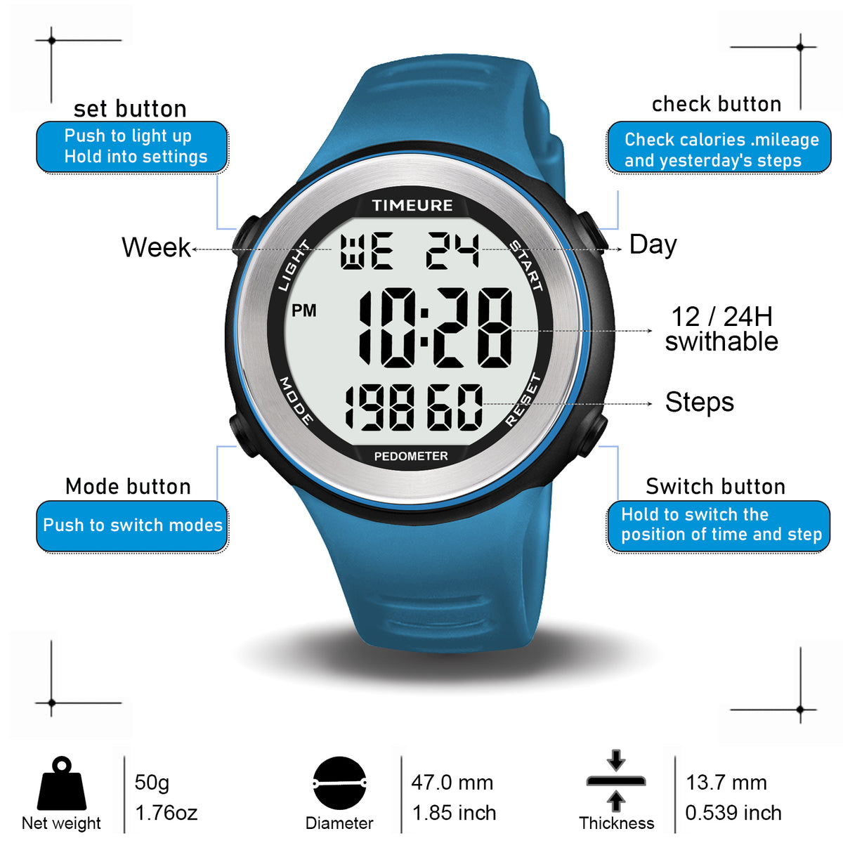 TIMEURE Waterproof Pedometer Watch 2308