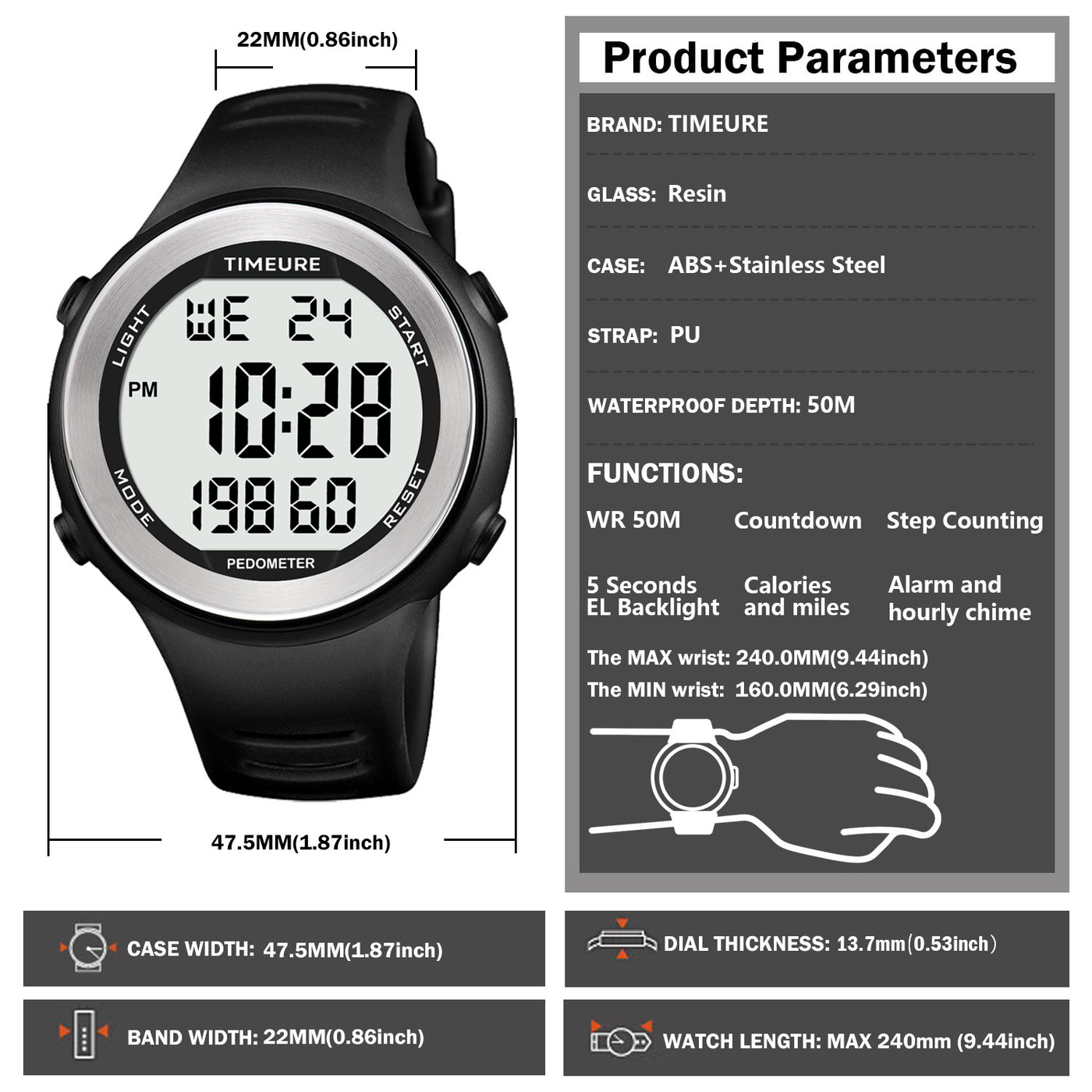 TIMEURE Waterproof Pedometer Watch 2308