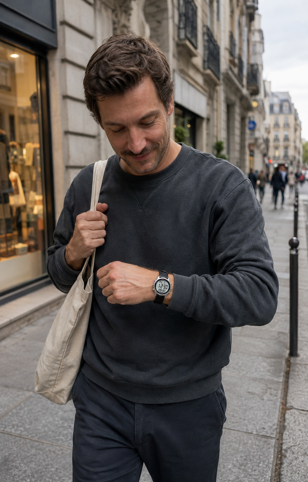 UGC-style portrait of a man naturally wearing the TIMEURE 2306P silver pedometer watch with black nylon strap in the city
