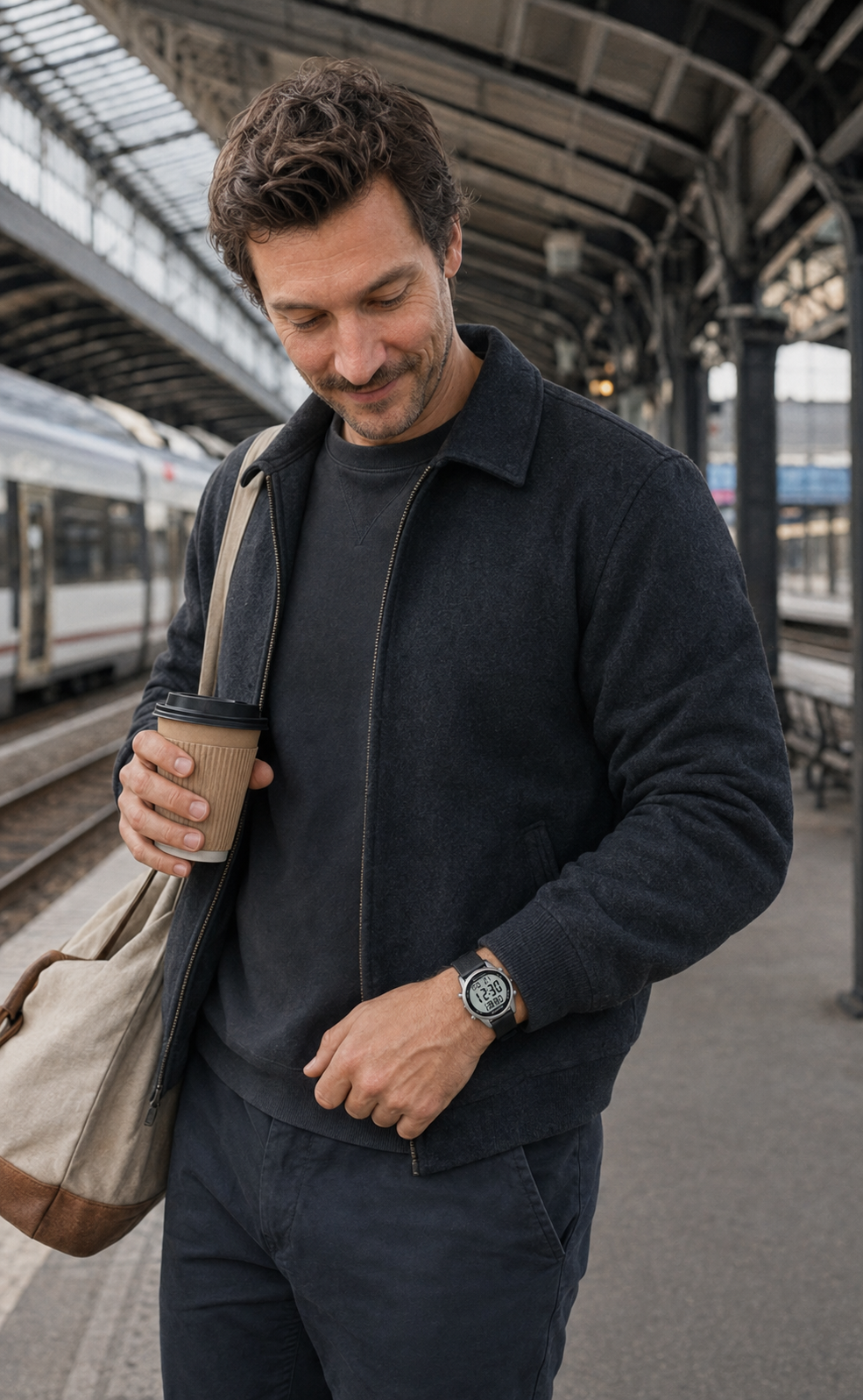 UGC-style portrait of a man naturally wearing the TIMEURE 2306P silver pedometer watch with black nylon strap at a train platform
