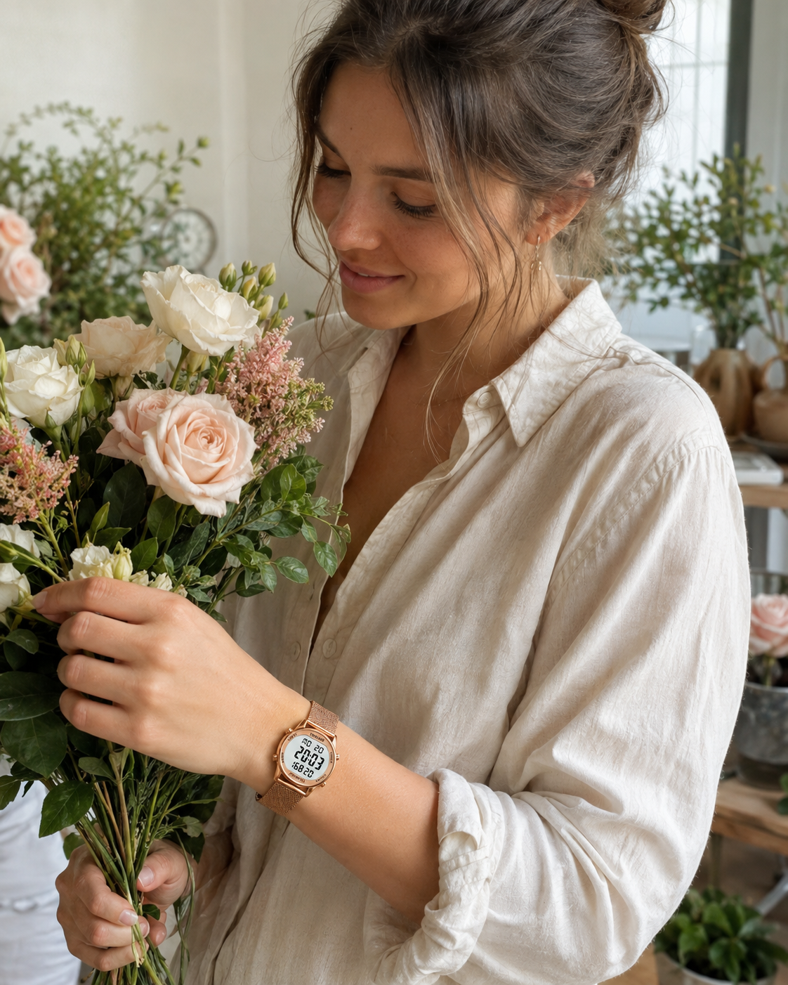 UGC-style portrait of a woman naturally wearing the TIMEURE 2401 rose gold mesh pedometer watch while arranging flowers