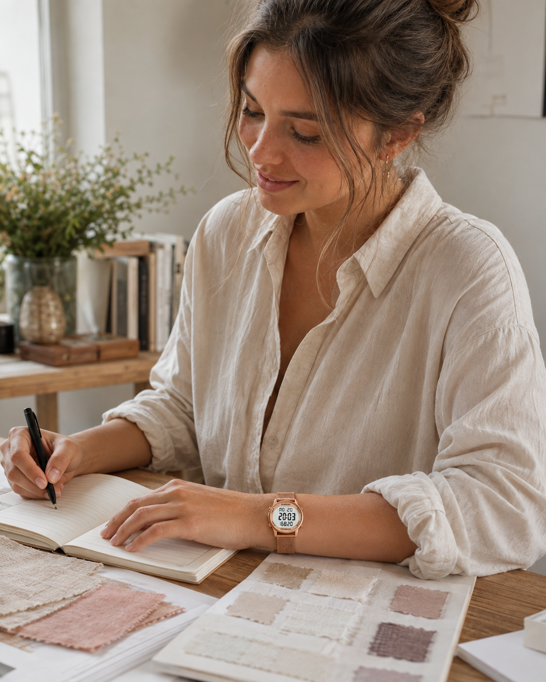 UGC-style portrait of a woman naturally wearing the TIMEURE 2401 rose gold mesh pedometer watch in a design studio