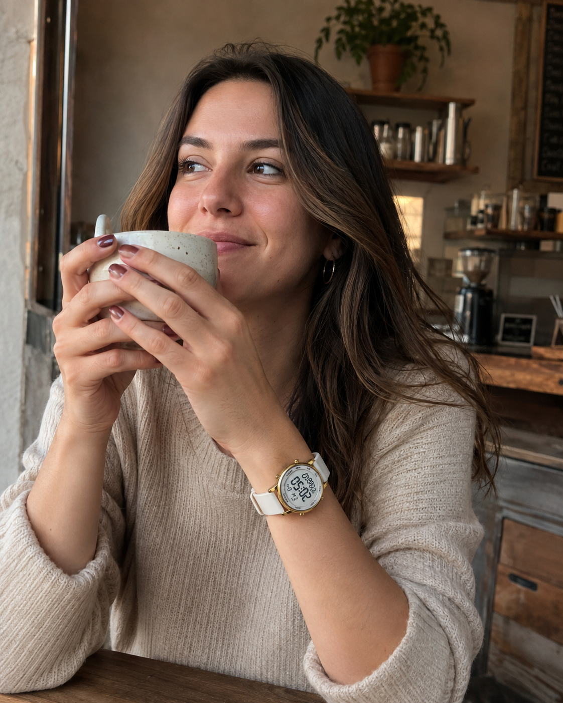 UGC-style portrait of a woman naturally wearing the TIMEURE 2509 gold and white pedometer watch at a cafe
