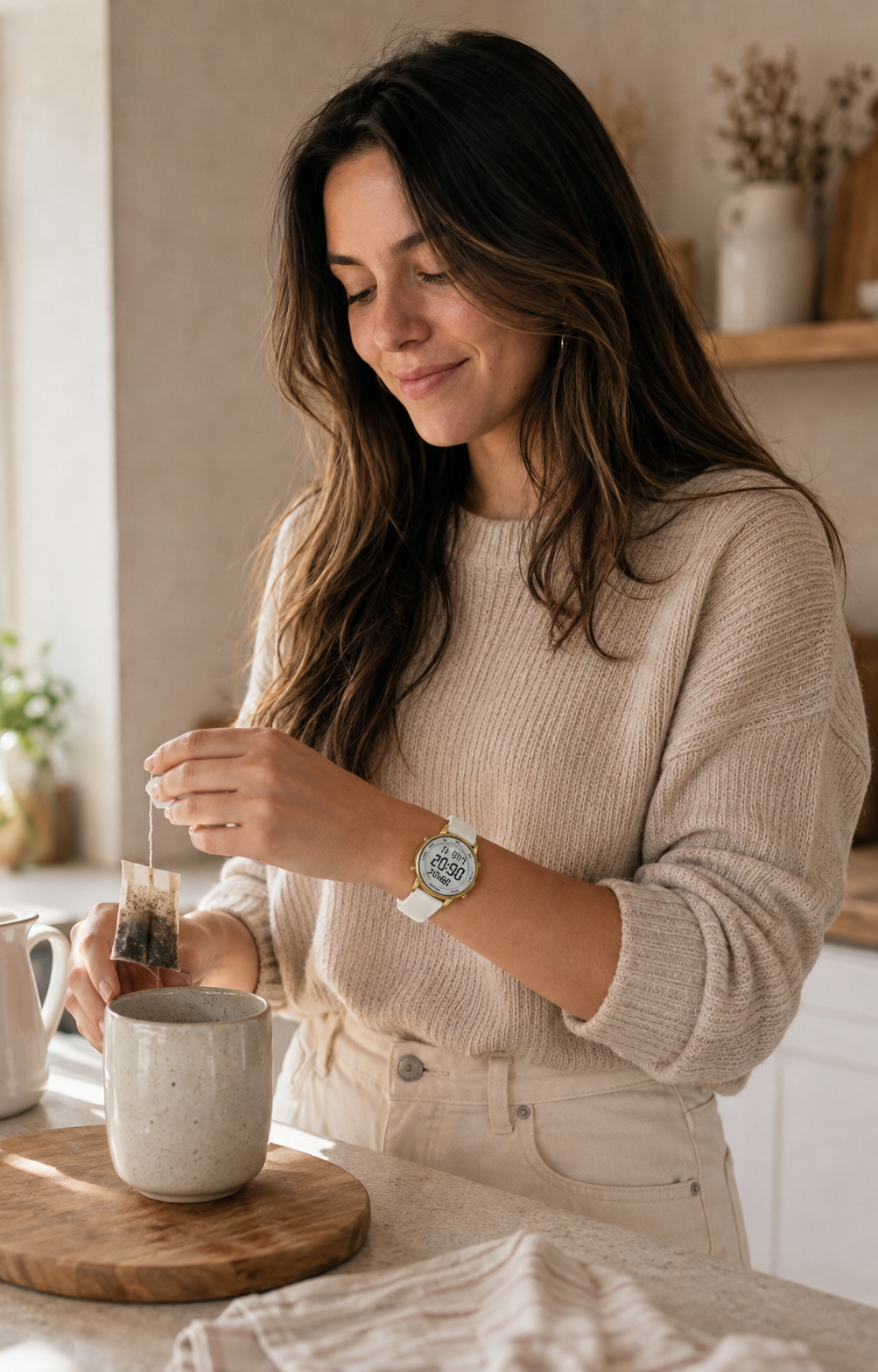UGC-style portrait of a woman naturally wearing the TIMEURE 2509 gold and white pedometer watch while making tea