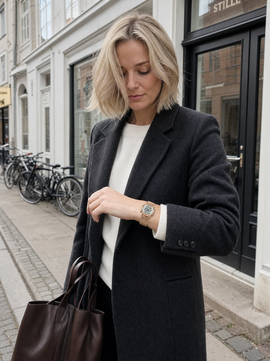 Woman wearing a rose gold TIMEURE watch on a city street